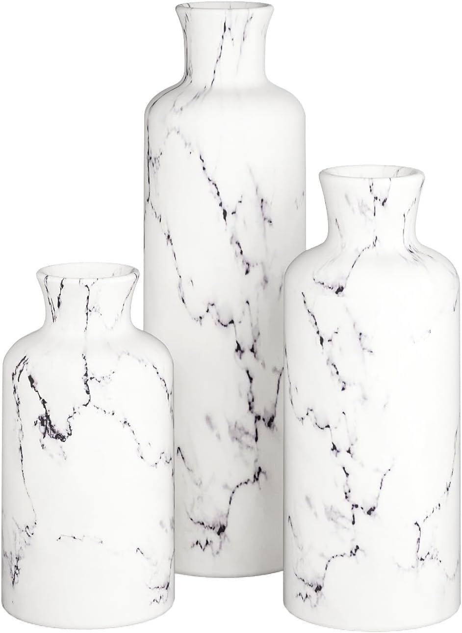 White Vase Set – Vases for Decor, Perfect for Holding Pampas Grass, Dried/Fresh Flowers, Vases for Your Kitchen, Bedroom, Office, Living Room, Bathroom, or Shelf Decor (Marble Look)