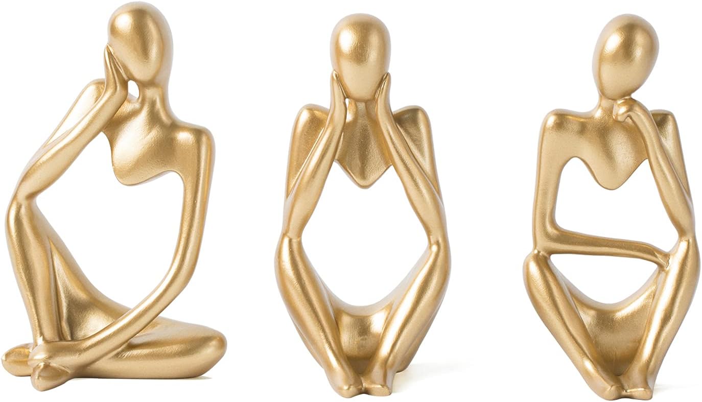 FJS Gold Thinker Statues for Table Decor Abstract Art Sculpture Set of 3 Gold Figurines House Decorations for Home Living Room Office Shelf Bedroom