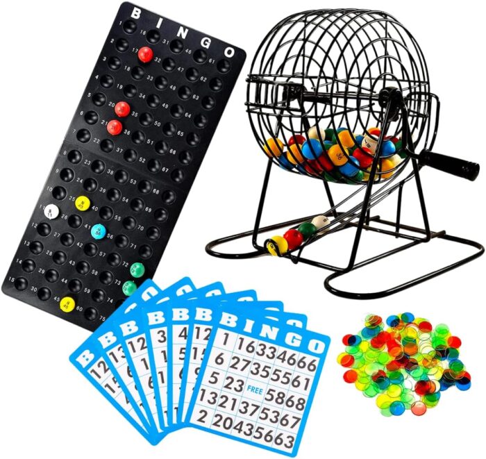 Regal Bingo Deluxe Bingo Game Set for Adults and Kids – Includes 6 Inch Bingo Wheel Cage, 75 Balls, Master Board, 18 Cards and Colorful Chips – Fun Family Bingo Night