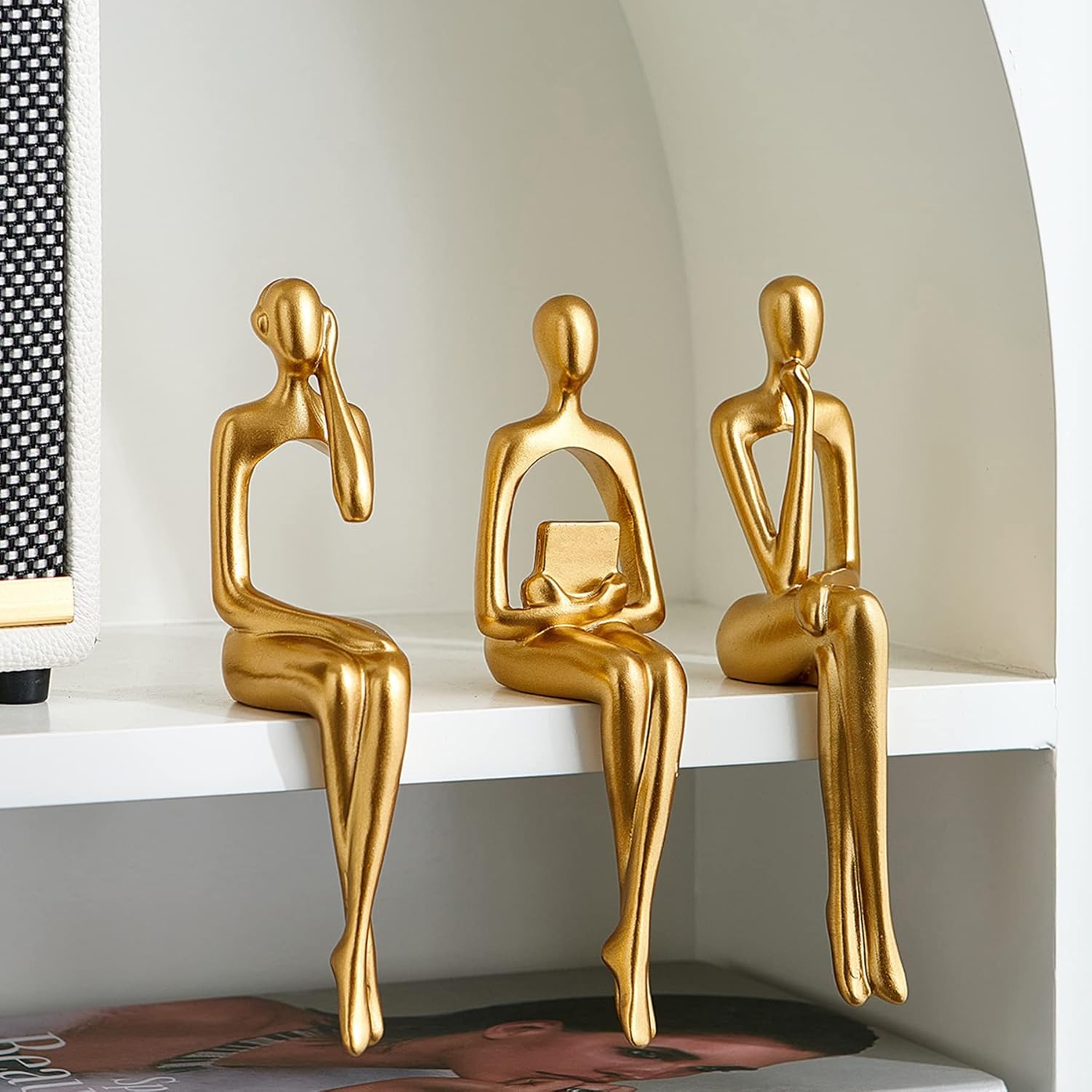 Octdays Gold Decor Thinker Statue Sculpture Abstract Figurines Set of 3 for Modern Home Decor, Living Room Mantel and Bookshelf Accents, Study Shelf Decor Office Desk Decorations