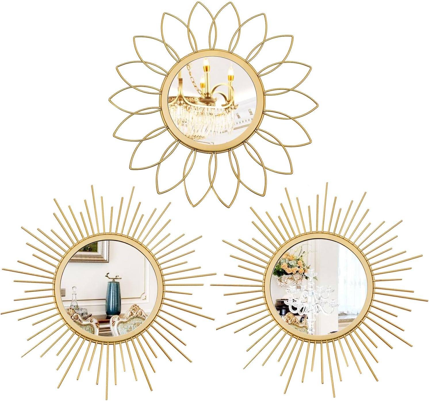 3 Pack Metal Mirrors for Wall Sunburst Wall Mirrors Home Décor Decorative Hanging Wall Art for Living Room Bedroom Entryway (Gold, Flower+Sunburst)