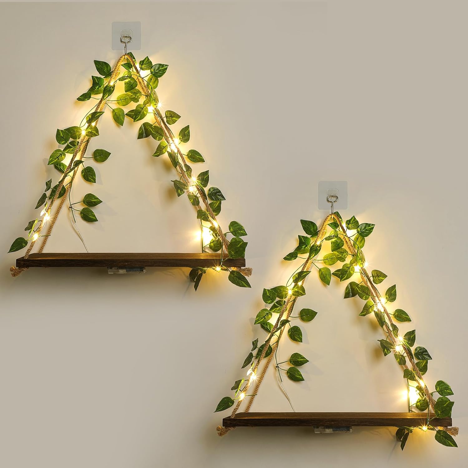 Floating Shelves,Plant Wall Decor,Wall Shelf,No Drill Shelves,Decorative Leaves and Light Strip,Set of 2 Plant Shelf Wall,Halloween Decorations Indoor for Decorating Room(Green Leaf)