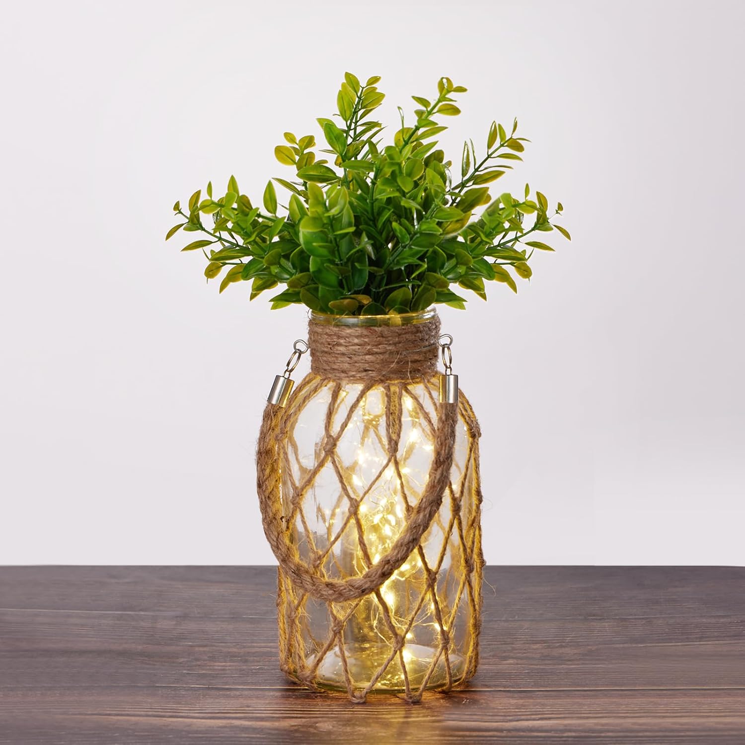 Modern Farmhouse Table Decor – Rustic Glass Vase with Faux Plant and Light for Home Decor, Vintage Decorative Vase for Living Room, Bedroom, Bathroom