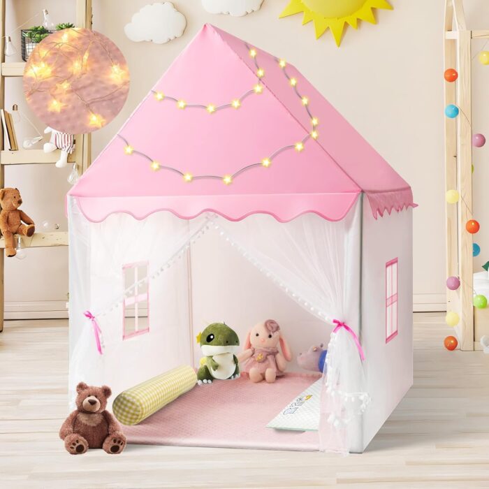 Kid Tent with Star Lights, Play Tents for Toddlers, Large Playhouse for Children Indoor and Outdoor Games, Princess Tent for Girls Toy House Gift (Pink)