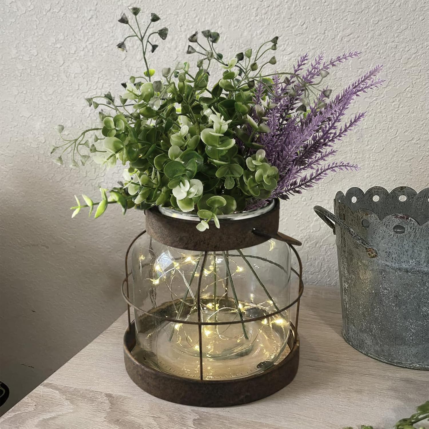 Vintage Glass Farmhouse Vase, Rustic Lantern Decor with Plants Lavenders Lights Vintage Style Vase for Home Decor Floral Arrangement Housewarming Hostess Gift