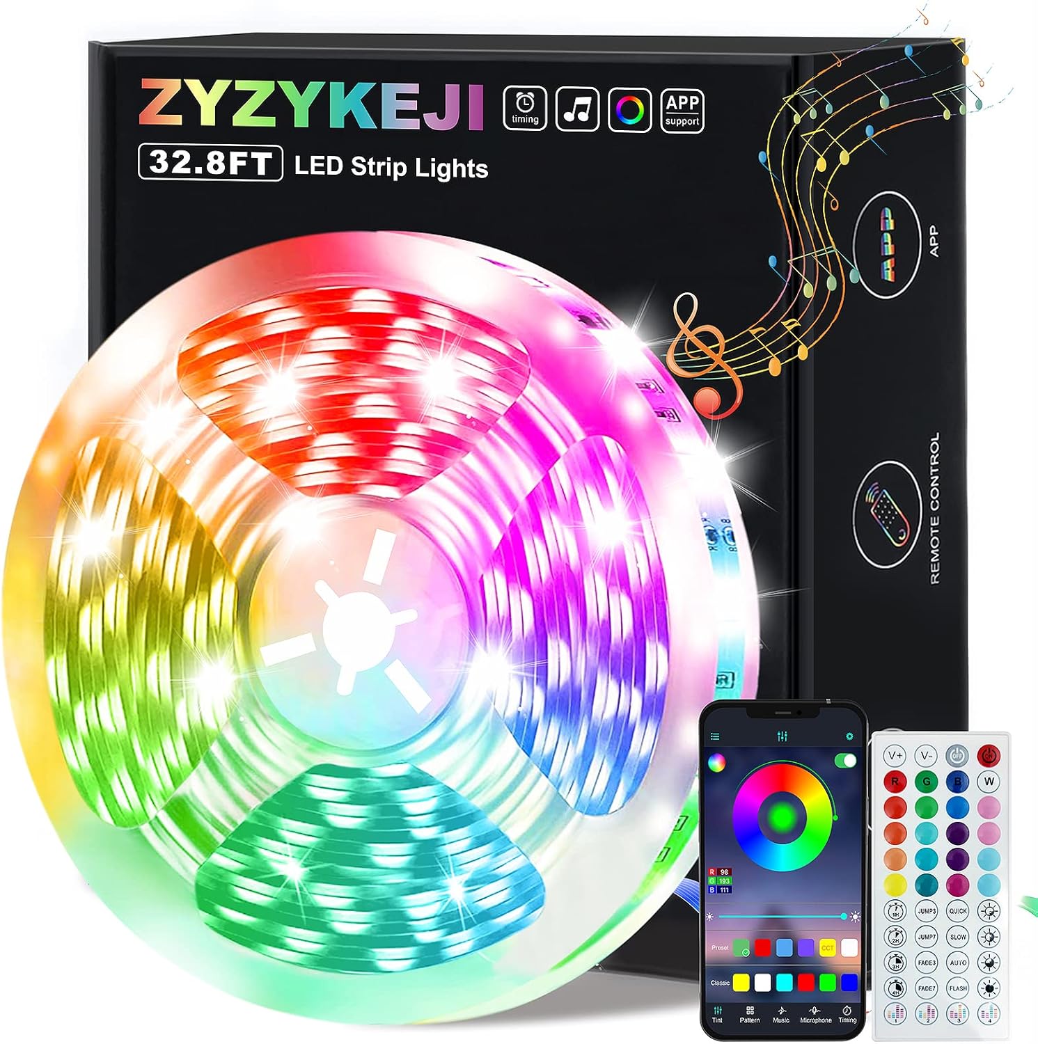 32.8ft Led Lights for Bedroom, 5050 RGB Strip Music Sync Color Changing with Remote and App Control Strips, Room Home TV Party Decoration