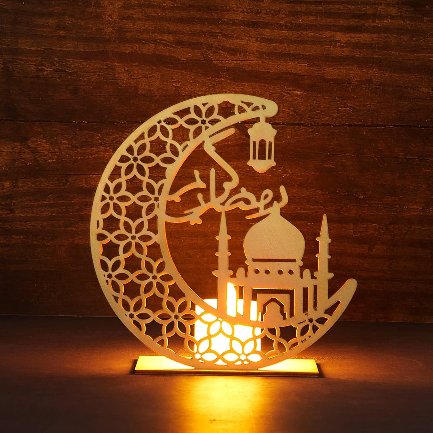 Honoson Eid Crafts Night Light Ramadan Mubarak Light 3D Wooden Moon Shape LED Light Decoration, Ramadan Mubarak Lamp Eid Ornaments for Muslims, Ramadan, Islamic Table Decor, 5.8 x 5.5 Inch (Letter)