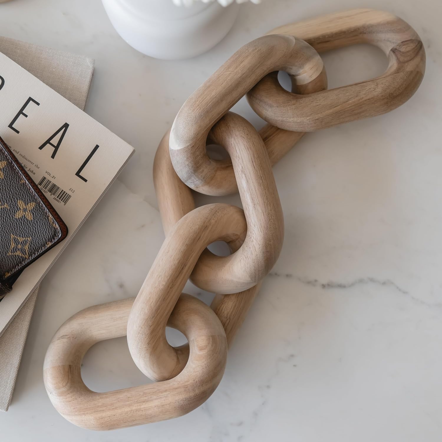 Book Shelf Decor Aesthetic – Acacia Wood Chain Link Decor, Modern Coffee Table Decor Items, Home Décor Accents, Bookshelf Decor, Small Home Decor for Shelves, Console Table Decor, Wooden Decor