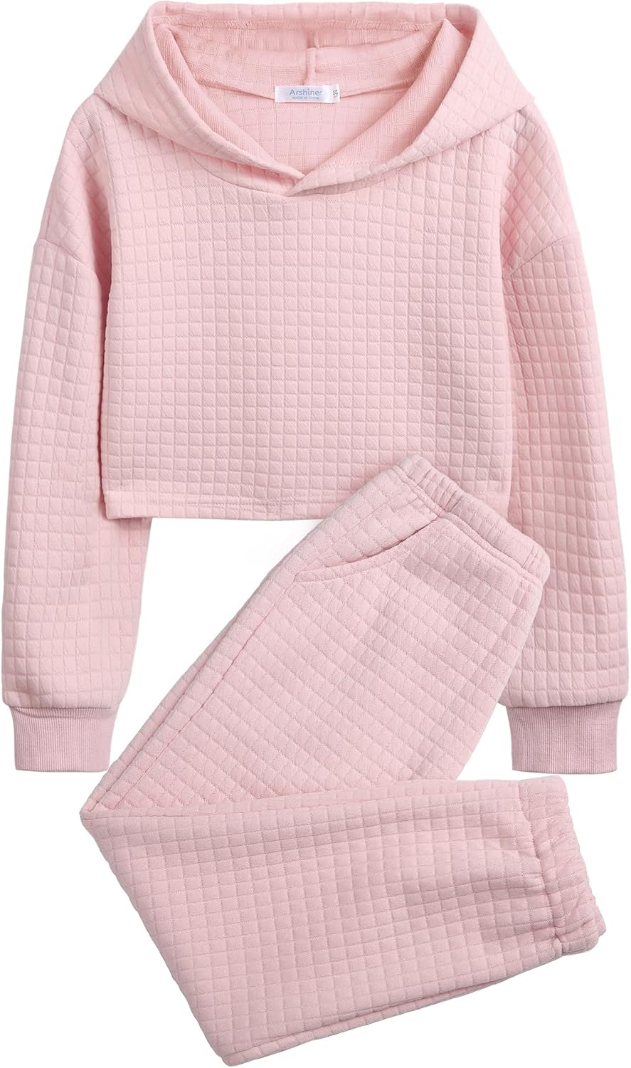 Arshiner Girls 2 Piece Outfit Waffle Knit Pullover Hooded Sweatshirt and Sweatpants Clothing Sets Long Sleeve Tracksuits