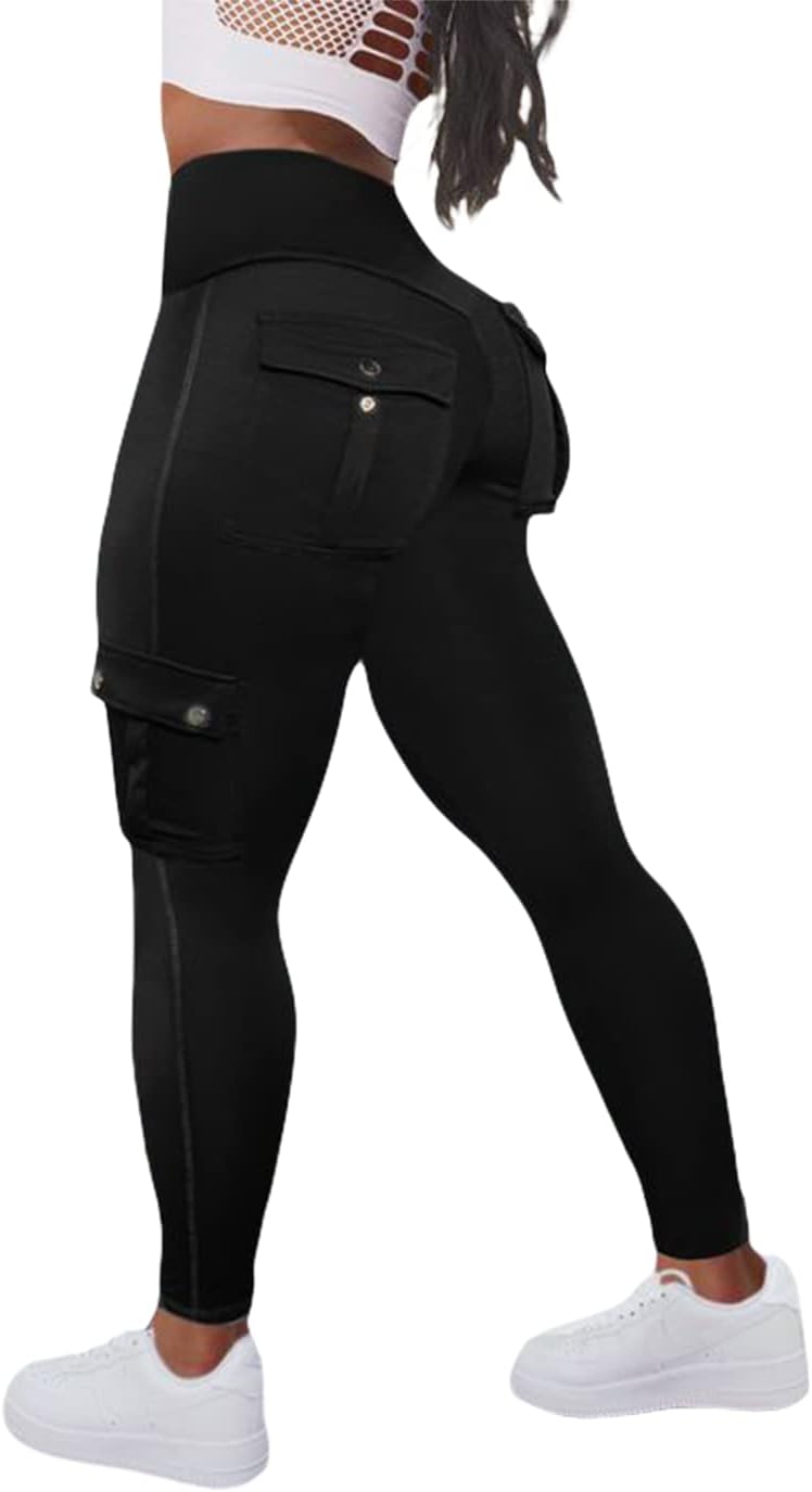 Flamingals Butt Lifting Leggings with Flap Pockets Workout Cargo Leggings for Women