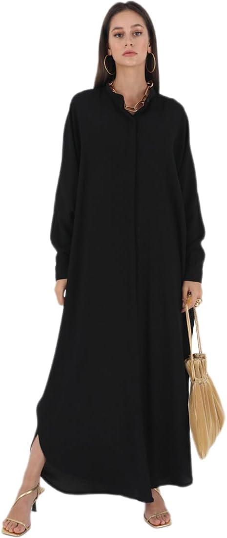 AWIBMK Women Abayas Dubai Kaftan Henley Shirt Prayer Maxi Dress Muslim Batwing Sleeve Ramadan Islamic Clothes