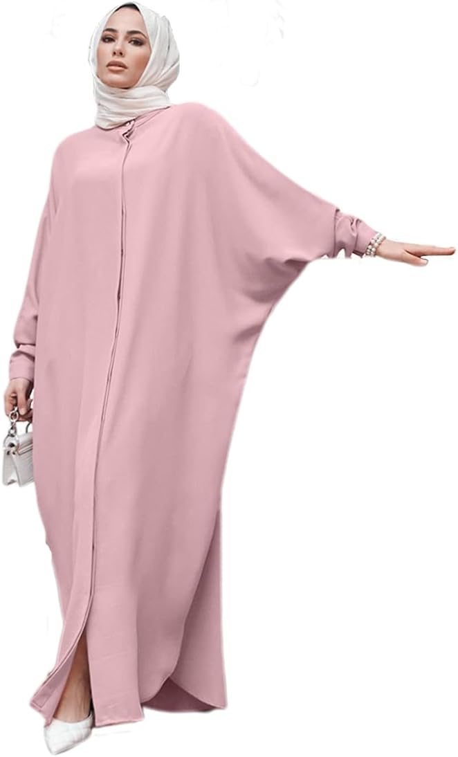 AWIBMK Women Abayas Dubai Kaftan Henley Shirt Prayer Maxi Dress Muslim Batwing Sleeve Ramadan Islamic Clothes