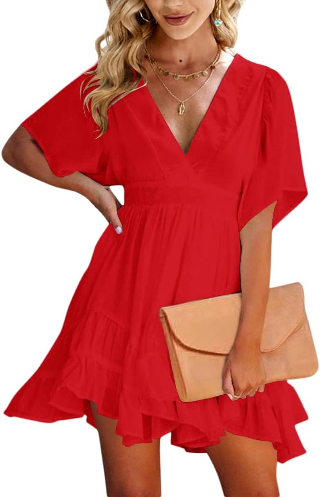 Esobo Women’s Summer V-neck Short Sleeve Flared Dresses Solid Color Casual Ruffle Hem Mini Swing Skater Dress