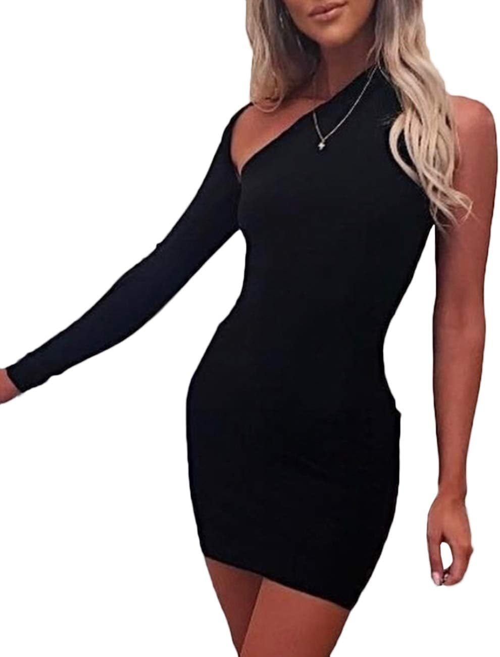 xxxiticat Women’s One Shoulder Formal Dresses Long Sleeve Bodycon Asymmetric Ruched Split Pleated Hollow Out Mini Dress