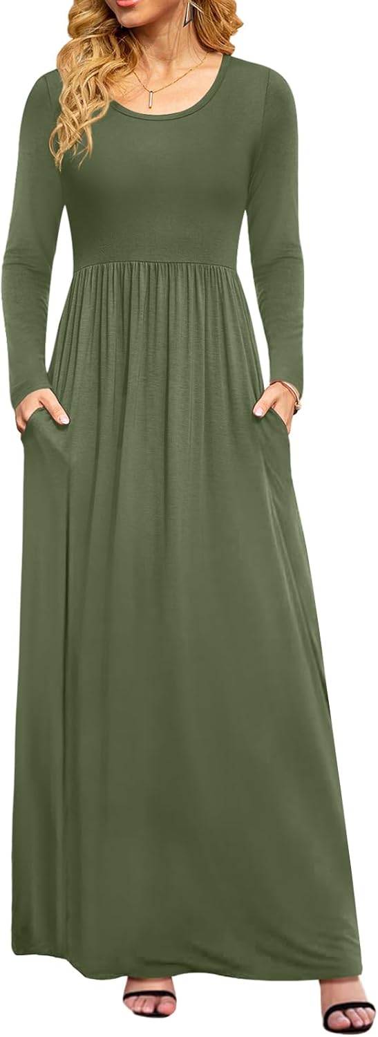 DB MOON Women Casual Long Sleeve Maxi Dresses Empire Waist Long Dress with Pockets