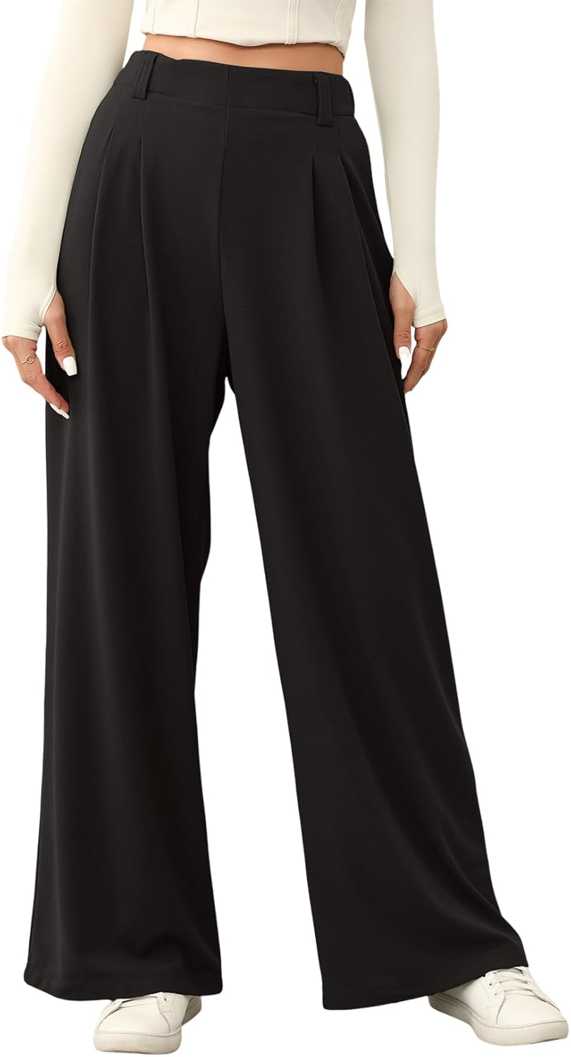 EVALESS Women’s Wide Leg Pants Elastic High Waisted Waffle Knit Casual Palazzo Pants Trousers with Pockets