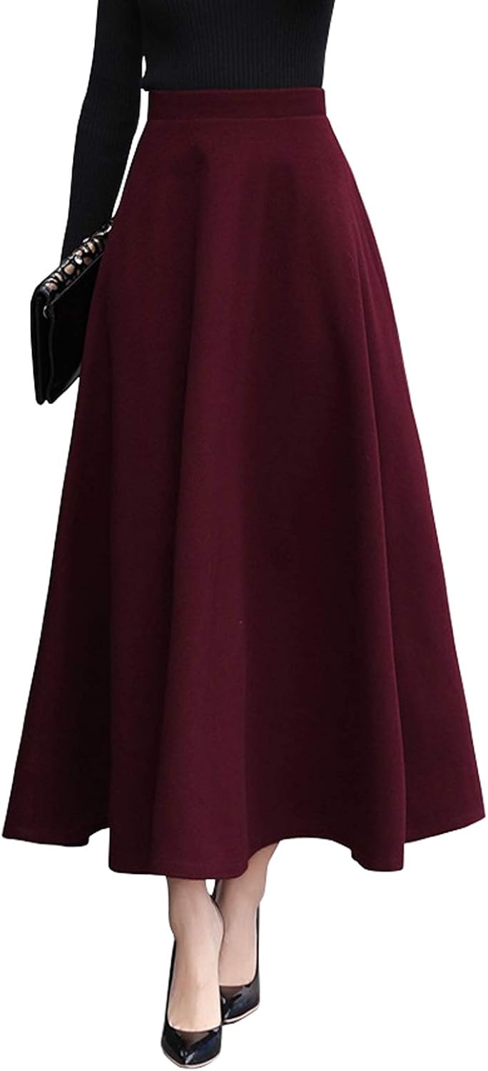 CHARTOU Women’s Stretchy High Waist Woolen Flared A Line Swing Maxi Long Skirt