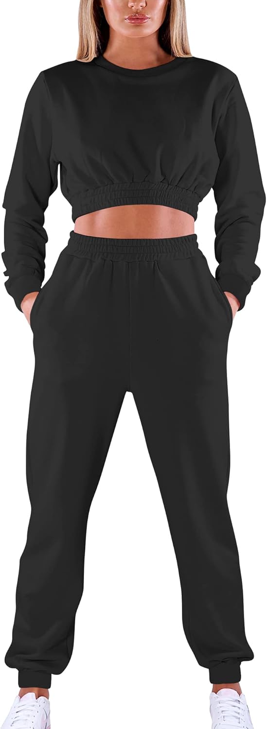 Mokoru Women’s Workout 2 Piece Outfits Tracksuit Long Sleeve Crop Tops Joggers Pants Sets Sweatsuits