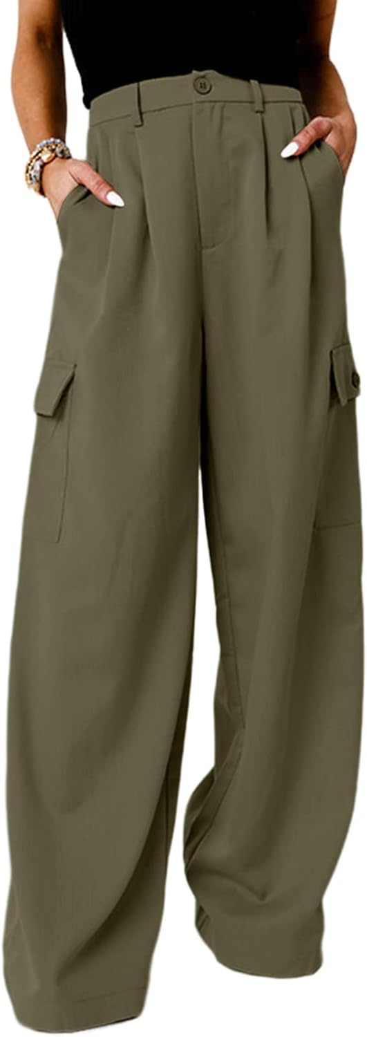 Dokotoo Womens High Waisted Wide Leg Cargo Pants Baggy Casual Work Pants with 4 Pockets