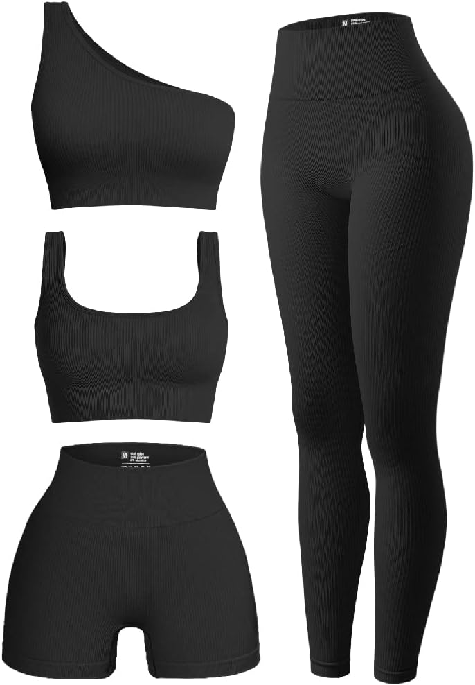 OQQ Women’s 4 Piece Outfits Ribbed Exercise Scoop Neck Sports Bra One Shoulder Tops High Waist Shorts Leggings Active Set