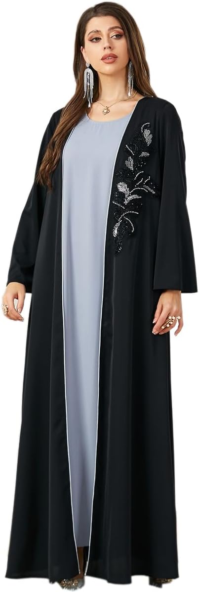 MedeShe Women’s Loose Black Floral Beading Draped Open Kimono Abaya Cardigan Jalabiya