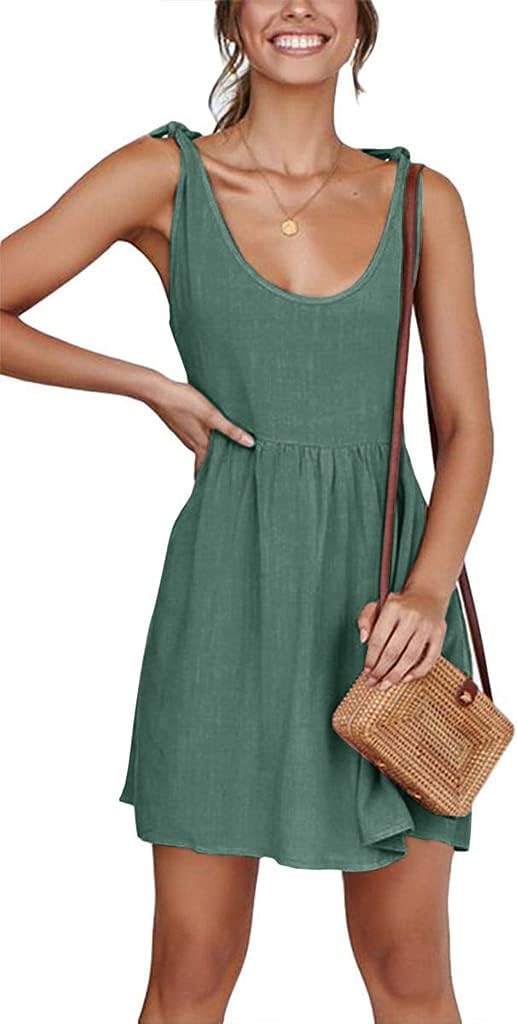 CNJFJ Womens Summer Shoulder Tie Strap Babydoll Dress Casual Scoop Neck A-Line Skater Swing Mini Sundress