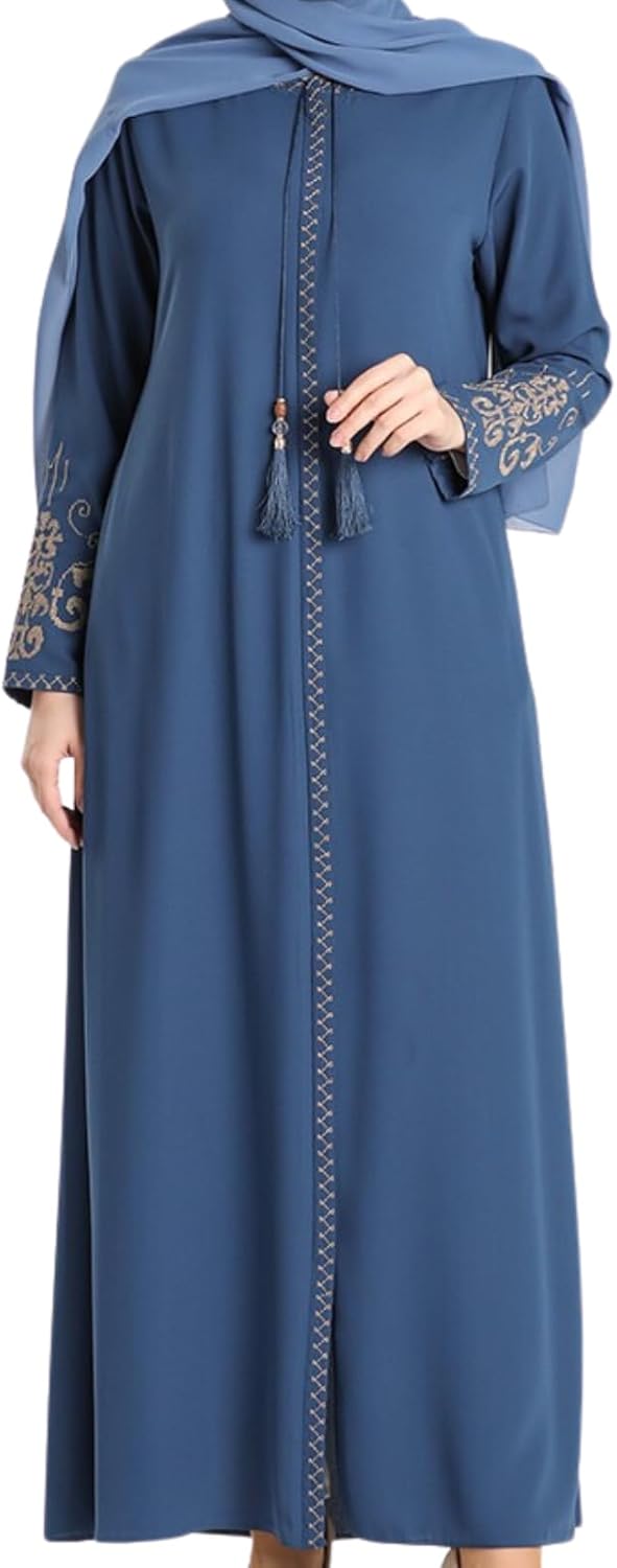 Women’s Embroidered Sleeves Abaya and Embroidered On The Side of The Zipper Long Sleeve Floor Length Turkish Fashion