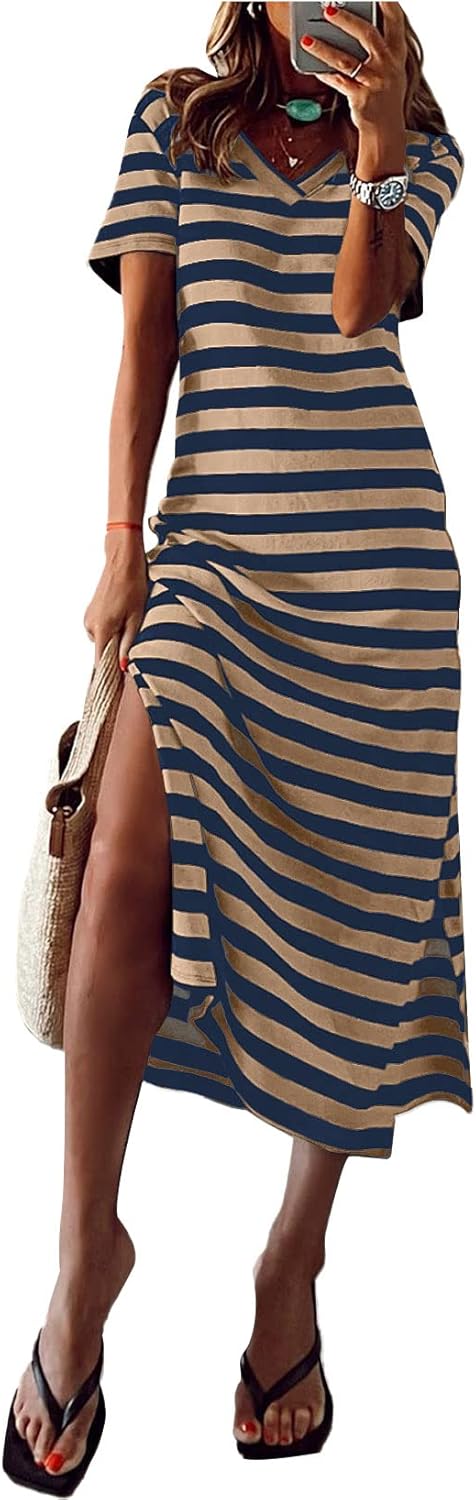 MARZXIN Women 2024 Casual Maxi Dress Short Sleeve V Neck Stripe Sundress Split Loose Long Summer Beach T Shirt Dresses