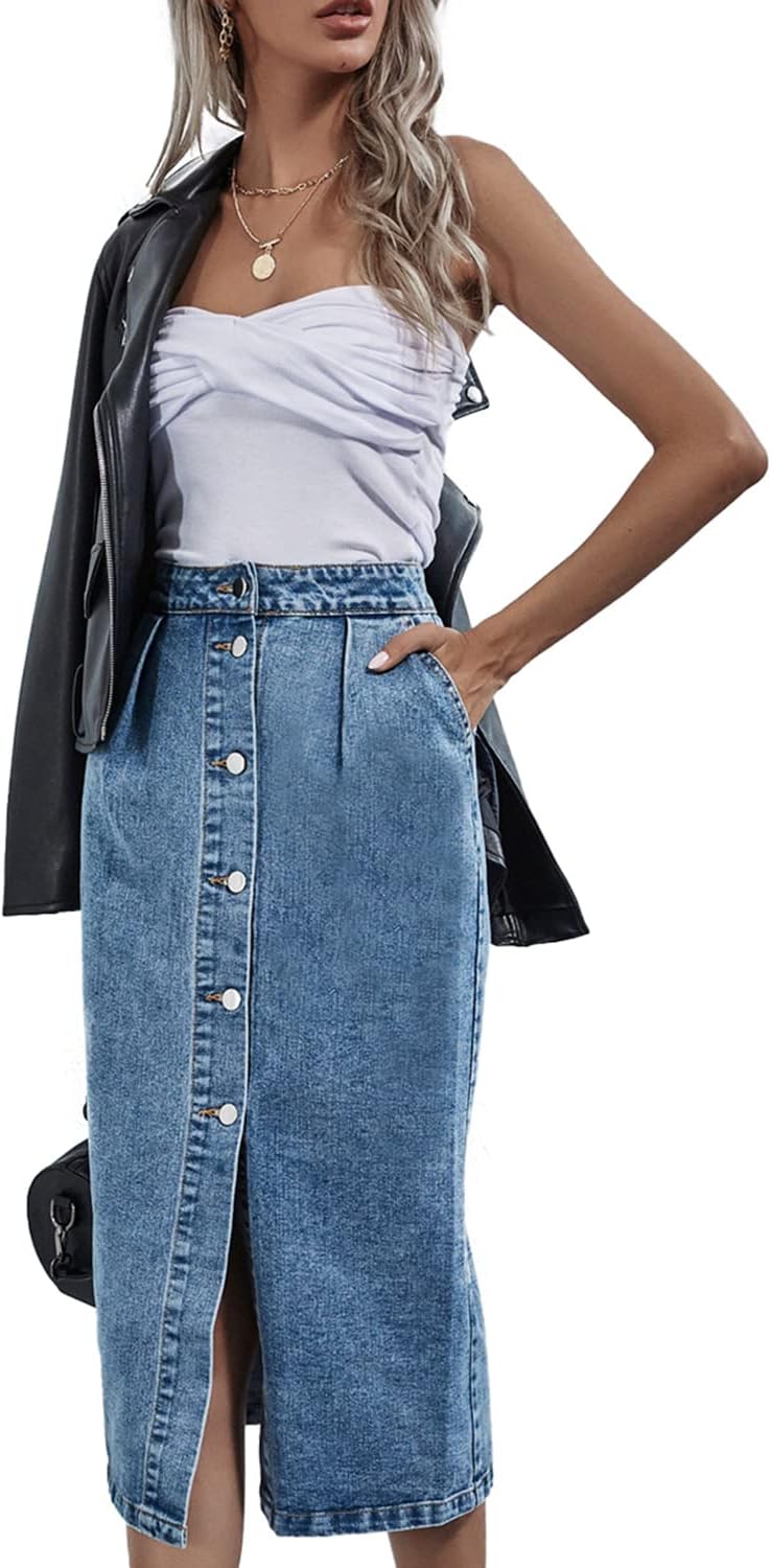 Womens High Waisted Washed Button Front Denim Long Skirt Midi Length A Line Denim Jean Pencil Skirt