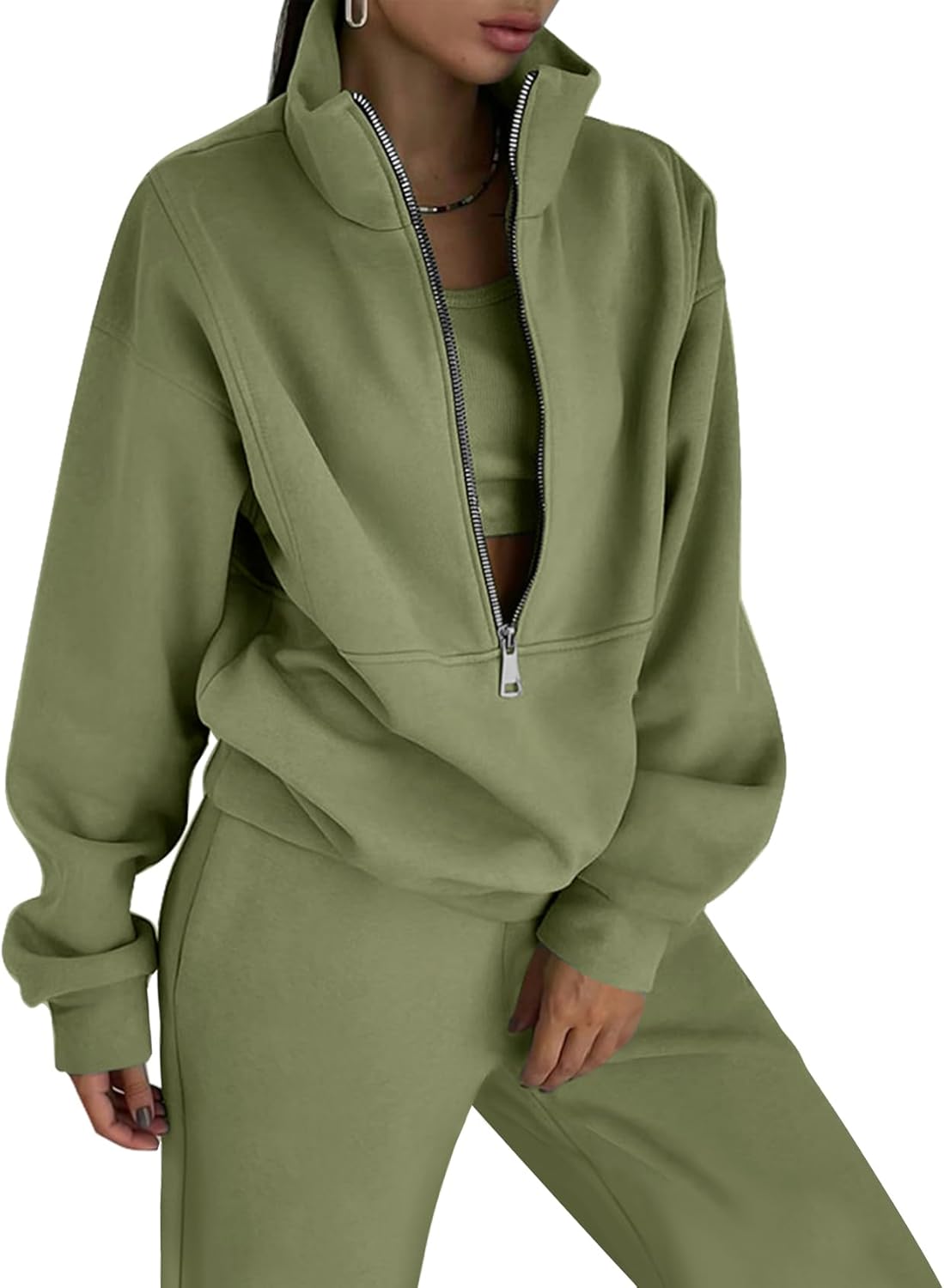 COZYPOIN Women’s Fleece Two Piece Outfit Half Zip Sweatshirt and Joggers Pants Set Tracksuit