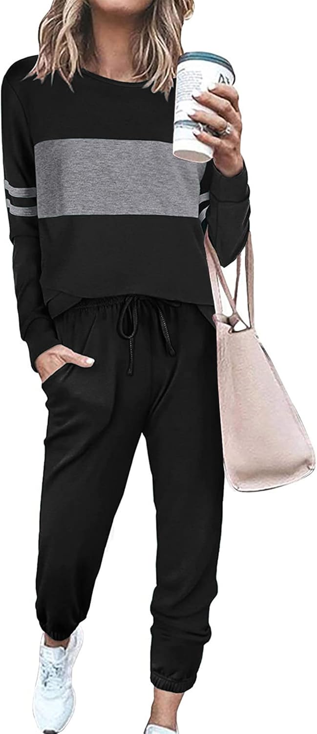 PRETTYGARDEN Women’s Color Block 2 Piece Tracksuit Crewneck Long Sleeve Tops Long Sweatpants Outfits Lounge Sets