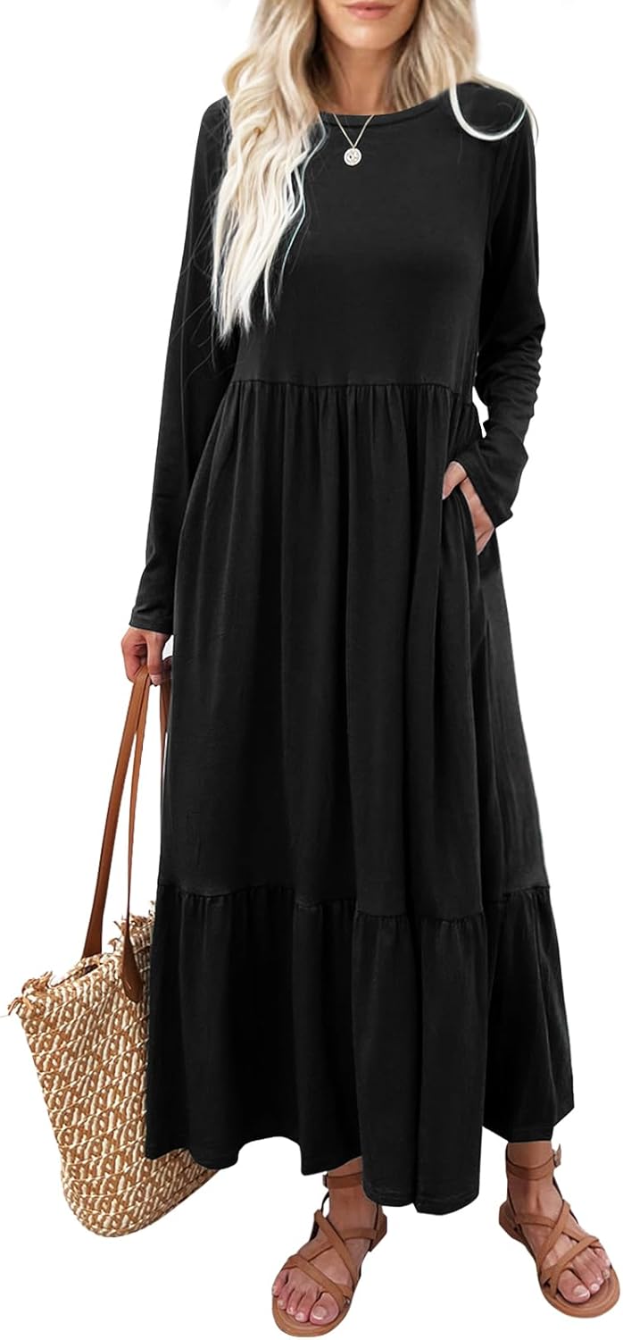 Women’s Long Sleeves Maxi Dress Casual Loose Tiered Flowy Swing Beach Long Dresses with Pockets