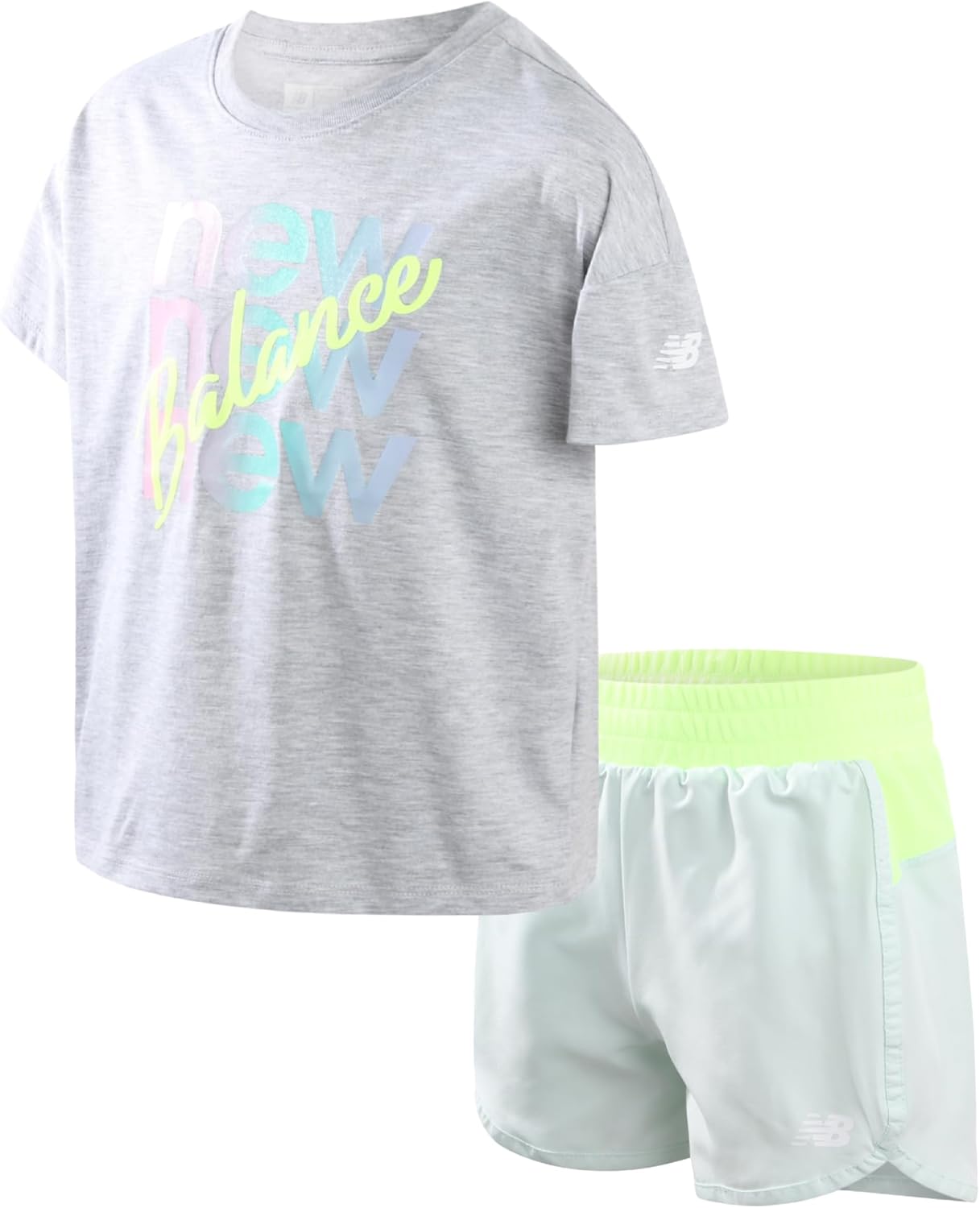 New Balance Girls’ Active Shorts Set – 2 Piece Short Sleeve T-Shirt and Running Shorts – Cute Summer Outfit for Girls (7-12)