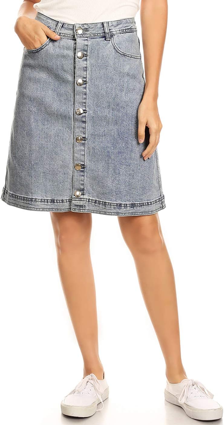 Anna-Kaci Womens Vintage Stretch Denim Jean Button Flare Skirt with Side Pocket