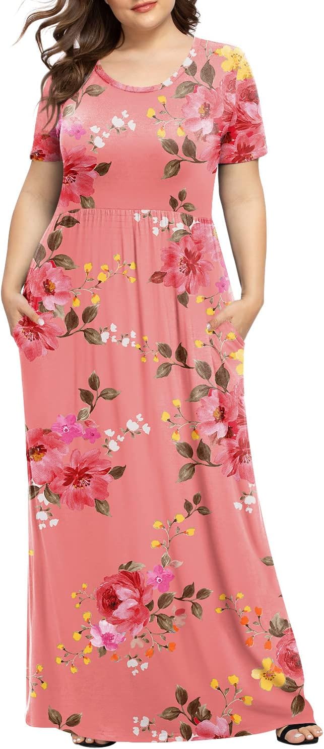 LONGYUAN Women’s Plus Size Maxi Dresses Summer Casual Short Sleeve 2024 Fahion Long Dress XL-6XL with Pockets