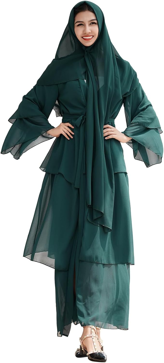 Women Muslim Chiffon Abaya Modest Open Front Cardigan Dress with Hijab Middle East Arabian Robe Islamic Dubai Outfit