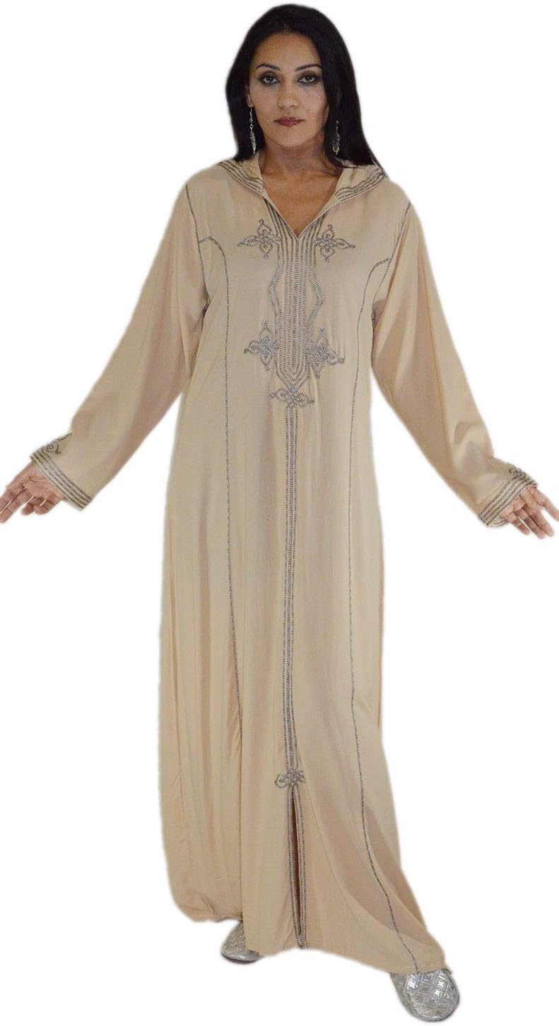 Moroccan Caftans Women Hand Made Djellaba Embroidered Size X-Large Beige