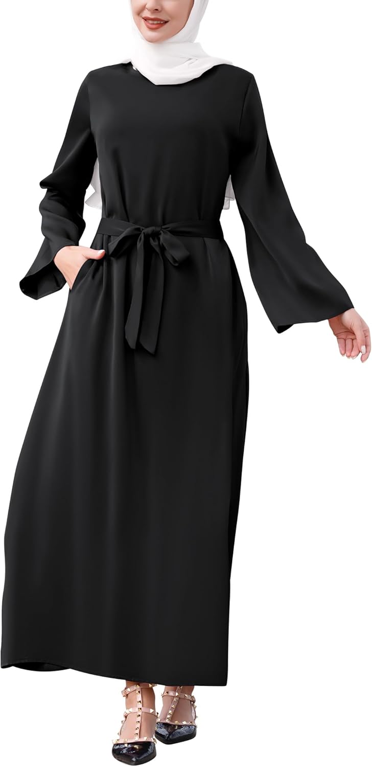 IBAKOM Abaya Dress for Women Muslim Clothes Islamic Prayer Ramadan Eid Dress with Side Pocket Dubai Attire Arabian Jalabiya