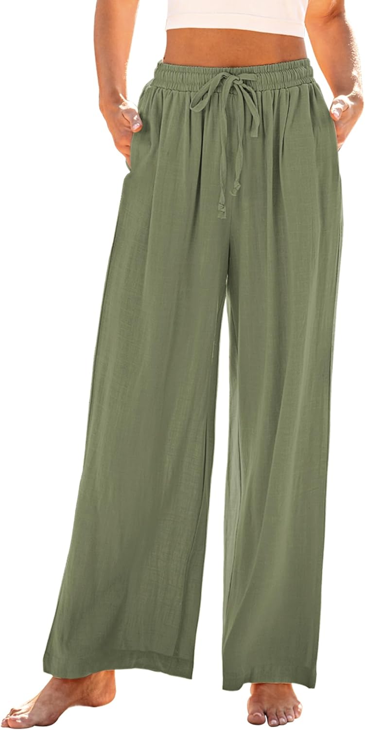 GRAPENT Wide Leg Pants Woman Linen High Waisted Pull On Flowy Casual Baggy Drawstring Palazzo Trousers Pants Resort Wear