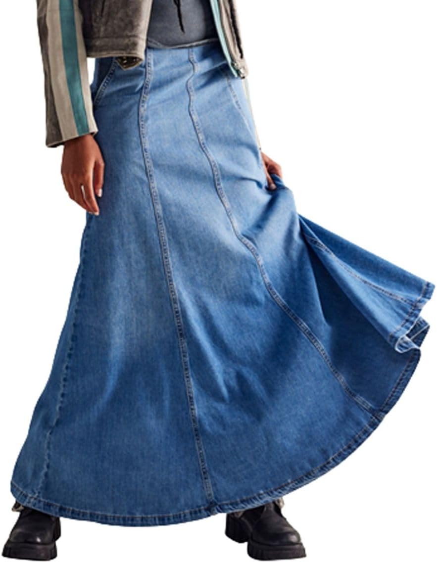 Women’s Denim Long Skirt High Waist Floor Length Flare A Line Maxi Jean Skirts with Pockets