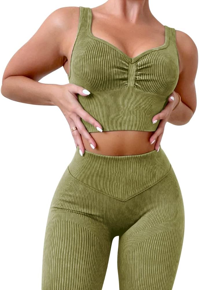 ABOCIW Workout Sets for Women 2 Piece Ribbed Seamless High Waist Scrunch Butt Leggings with Sport Bra Gym Yoga Outfits