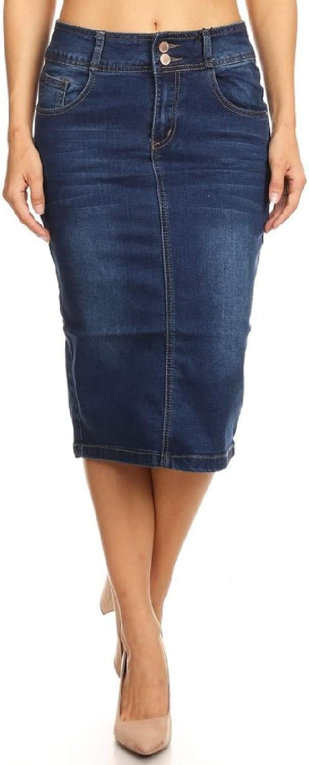 Womens Plus/Juniors Mid Waist Below Knee Length Denim Skirt in Pencil Silhouette