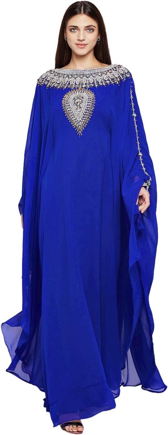 ANIIQ Women Dubai Kaftan Farasha Caftan Long Maxi Dress Long Sleeves Georgette Ethnic, Bridal, Evening, Party with Free Scarf