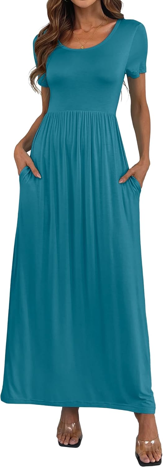 Women’s Short/Long Sleeve Loose Plain Long Maxi Casual Dresses with Pockets