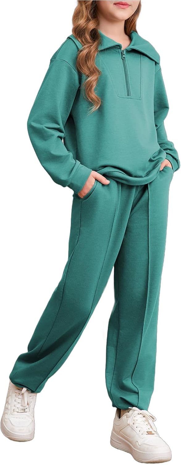 blibean Teen Girls Fall Cotton Half Zipper Sweat Suits Kids Pants Sets Size 6-15 Years