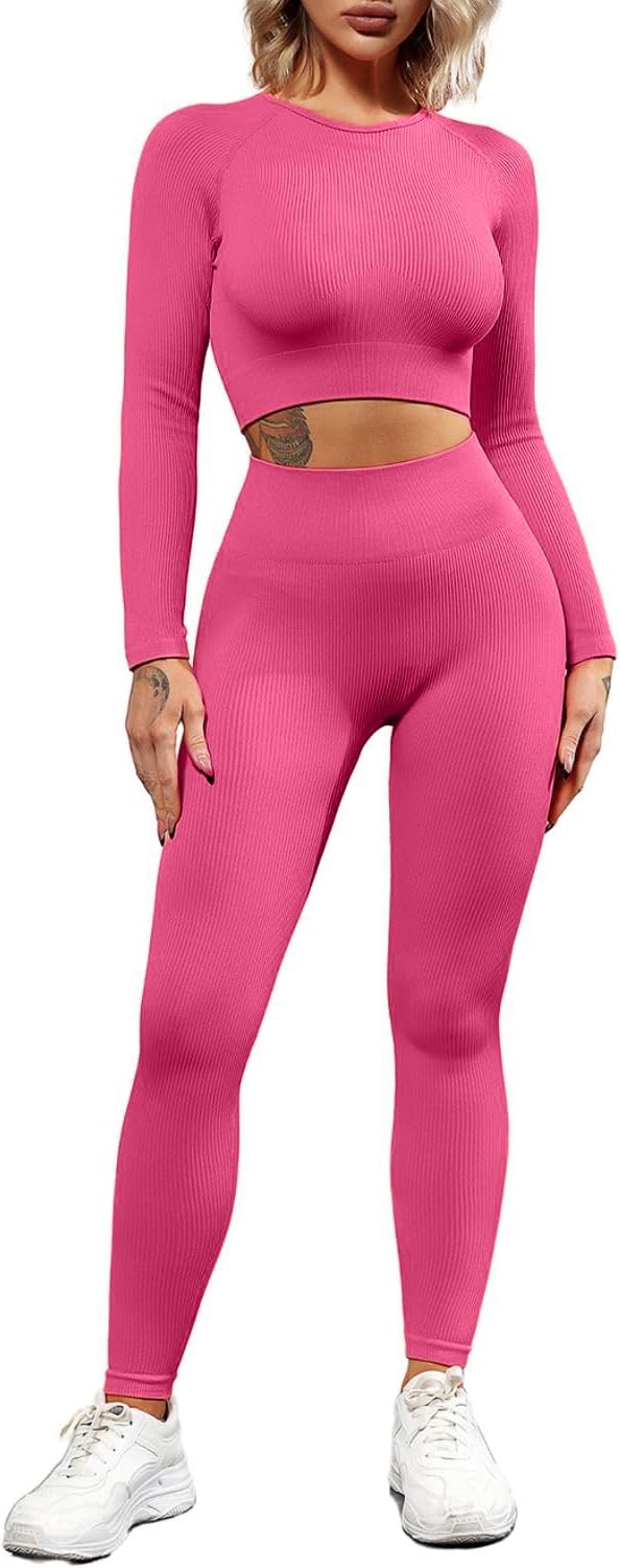 QINSEN Seamless Workout Outfits for Women 2 Piece Ribbed Long Sleeve Crop Top Tummy Control Leggings Sets