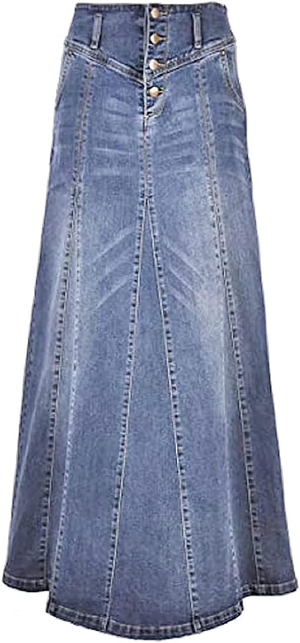 ebossy Women’s High Rise Distressed Wash Denim Skirt A Line Swing Maxi Long Jean Skirts