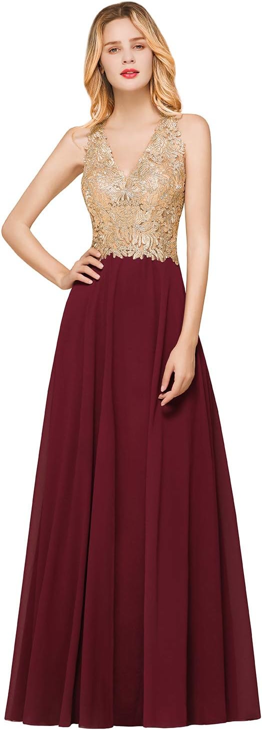 Lace Appliques Chiffon Bridesmaid Dresses Long V Neck A Line Formal Dress Evening Gown for Women