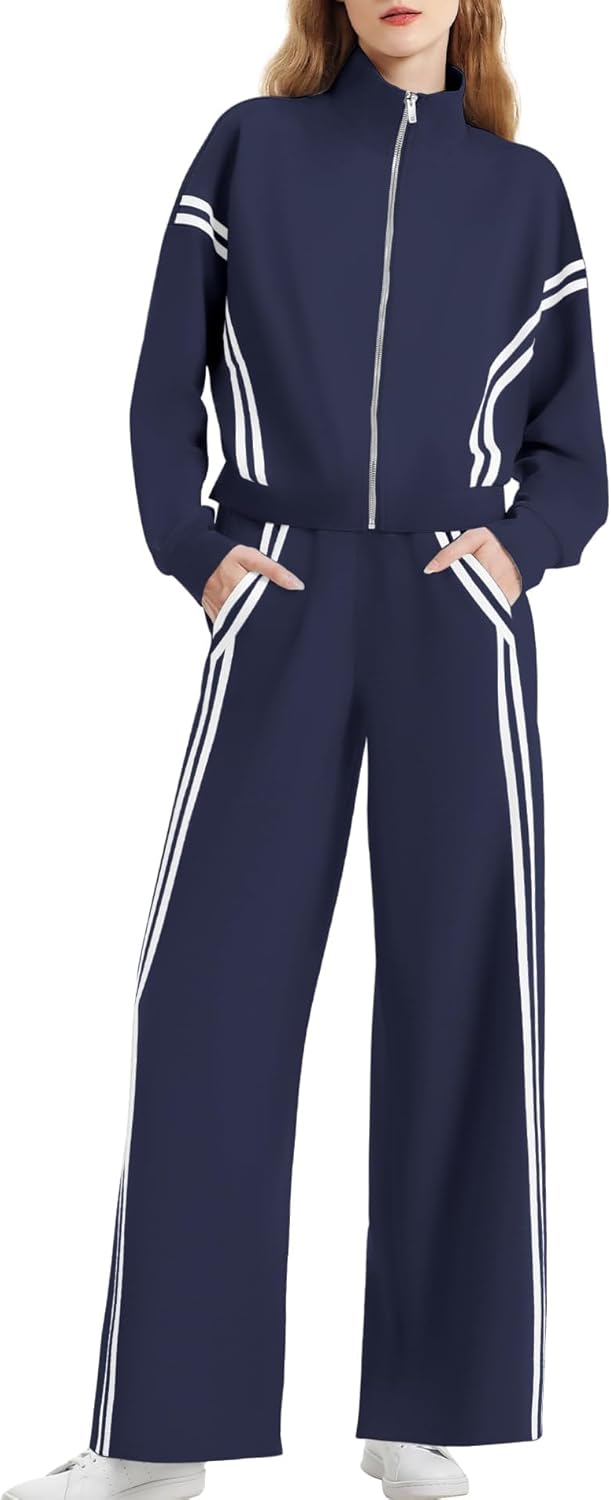 Women’s 2 Piece Outfits Zip Up Sweatshirt Contrast Striped Wide Leg Sweatpants Suits Jogger Travel Matching Set