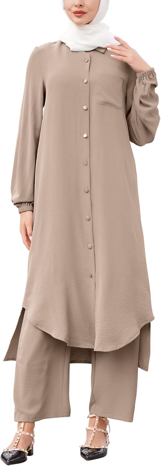 IMEKIS Women Muslim Outfit Middle East Arabic Long Sleeve Button Down Shirt Dress with Pants 2PCS Dubai Islamic Outfit